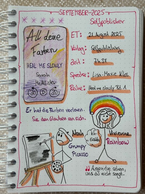 Zu sehen ist das Lesetagebuch mit Sketchnotes zur Rezension vom Hörbuch: All deine Farben - Heal me slowly von Sarah McAllister und eingelesen von Lisa-Marie Klos