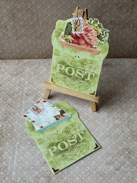 Selbst gebastelte Karte in Briefkastenoptik mit kleinem Brief, der in den Briefkastenschlitz gesteckt ist. Material alles von Stampin Up