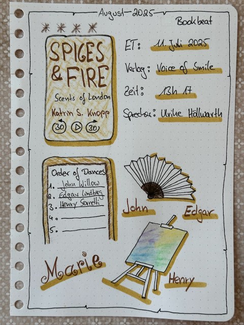 Zu sehen ist das Lesetagebuch mit Sketchnotes zur Rezension vom Hörbuch: Spices and Fire von Katrin S. Knopp erschienen bei Voice of Smile und eingelesen von Ulrike Höllwarth