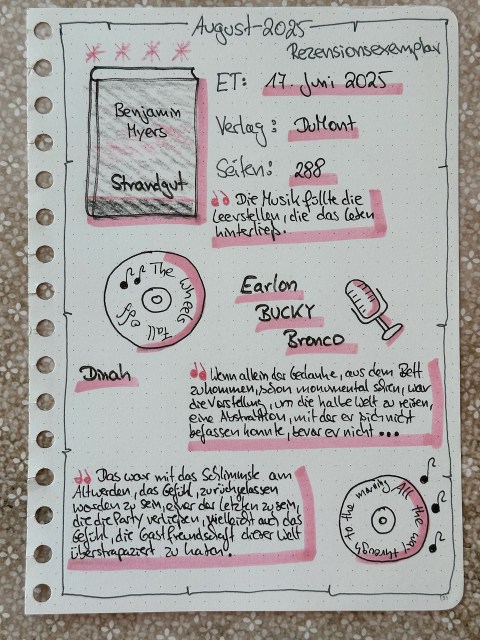 Zu sehen ist das Lesetagebuch mit Sketchnotes zur Rezension vom Roman: Strandgut von Benjamin Myers erschienen im Dumont Buchverlag