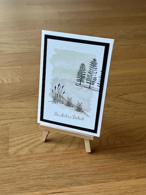 Zu sehen ist eine selbst gemachte Trauerkarte. Auf einer weißen Grundkarte ist ein schwarze Rahmen zu sehen und darauf ein bestempeltes Papier. Ein Hintergrundstempel sorgt für dezente Farbe. Für die Tiefe sorgen hinten ein paar Bäume und Vorne sind Grashalme und Schilf abgestempelt. Die Karte wird ergänzt mit dem Spruch: Herzliches Beileid