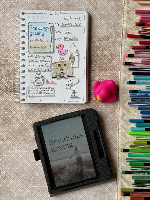 Zu sehen ist das Lesetagebuch mit Sketchnotes zur Rezension vom Sylt Roman: Brandungsgesang von Katharina Mosel erschienen im Selfpublishing