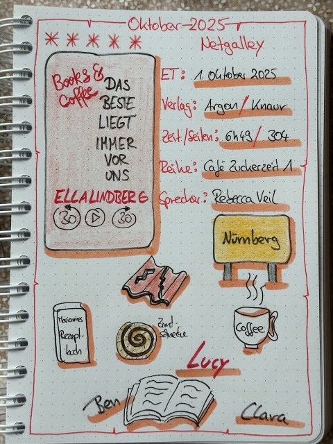 Zu sehen ist das Lesetagebuch mit Sketchnotes zur Rezension vom Hörbuch: Books & Coffee - Das Beste liegt immer vor uns von Ella Lindberg erschienen im Argon Verlag und eingelesen von Rebecca Veil