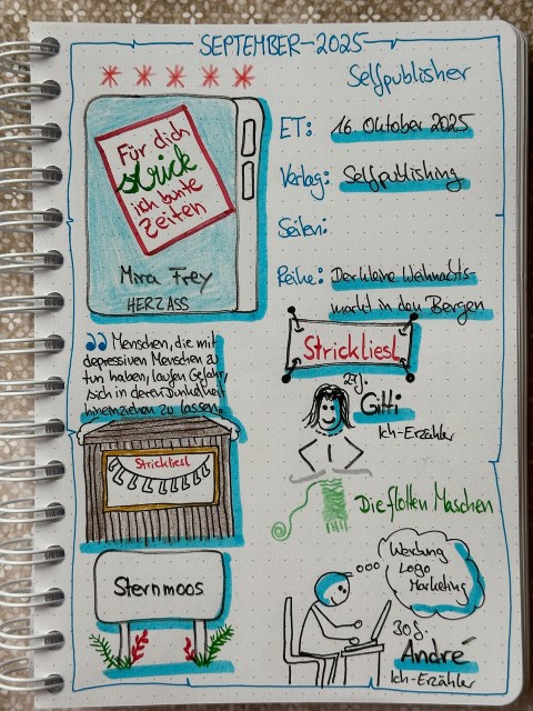 Zu sehen ist das Lesetagebuch mit Sketchnotes zur Rezension vom Weihnachtsroman: Für dich strick ich bunte Zeiten von Mira Frey Ein Buch aus der Reihe: Der kleine Weihnachtsmarkt in den Bergen