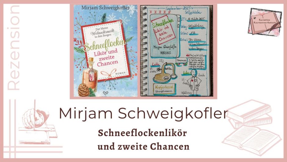 Zu sehen ist das Cover und das Lesetagebuch mit Sketchnotes zur Rezension vom Liebesroman: Schneeflocken, Likör und zweite Chancen von Mirjam Schweigkofler