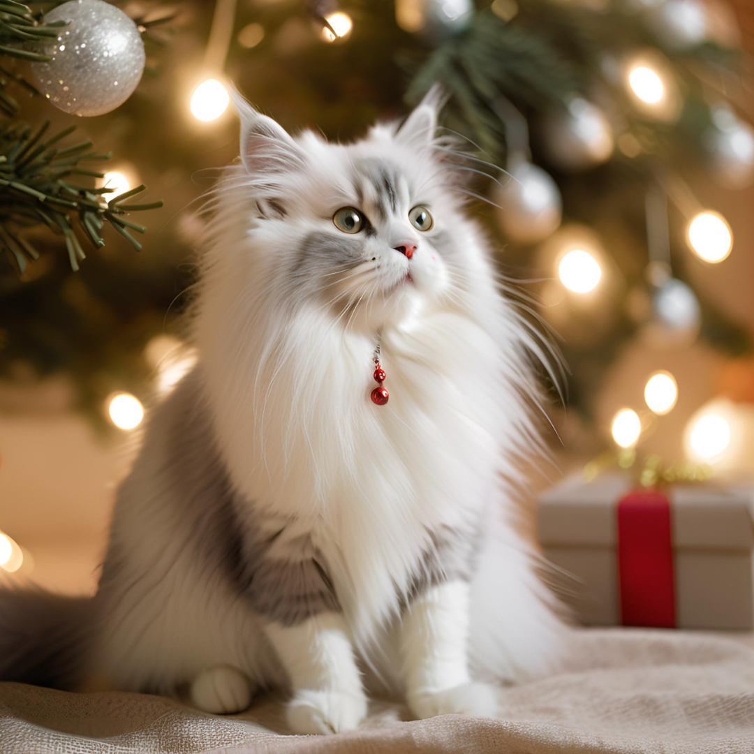 Zu sehen ist eine weiße langhaar Katze in Front eines Weihnachtsbaums.