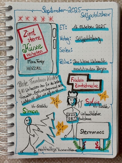 Zu sehen ist das Lesetagebuch mit Sketchnotes zur Rezension vom Weihnachtsroman: Zimtsternküsse verboten von Mira Frey Ein Buch aus der Reihe: Der kleine Weihnachtsmarkt in den Bergen