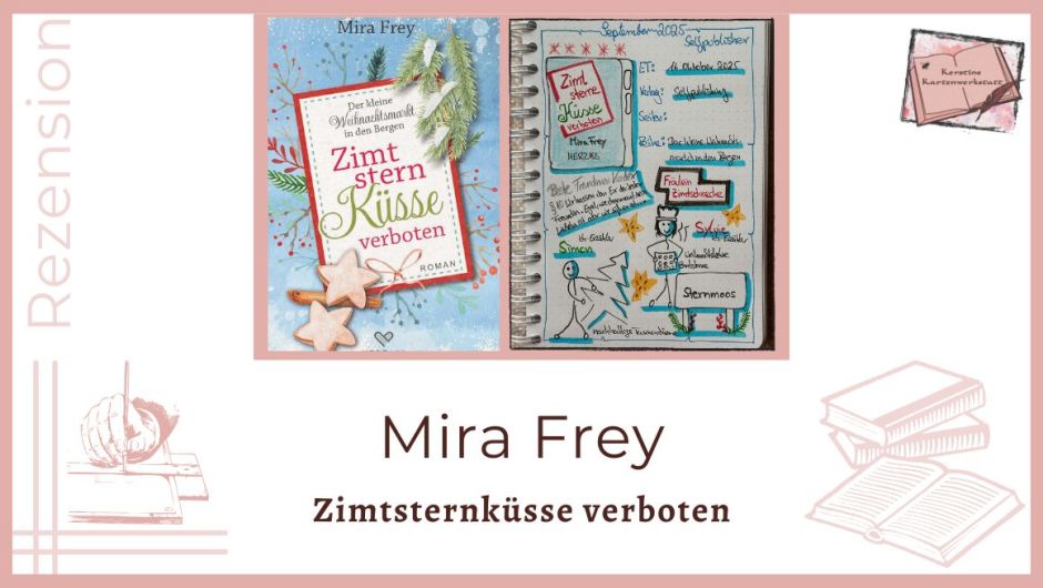 Zu sehen ist das Cover und das Lesetagebuch mit Sketchnotes zur Rezension vom Weihnachtsroman: Zimtsternküsse verboten von Mira Frey Ein Buch aus der Reihe: Der kleine Weihnachtsmarkt in den Bergen