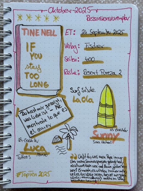 Zu sehen ist das Lesetagebuch mit Sketchnotes zur Rezension vom Liebesroman: If you stay too long von Tine Nell erschienen im Fischer Verlag.
Gezeichnet ist unter anderem ein gelbes Surfbrett, das mit der Spitze im Sand steckt. 