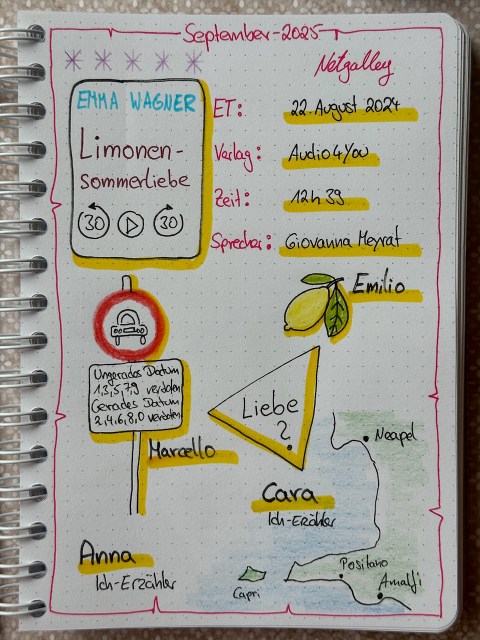 Zu sehen ist das Lesetagebuch mit Sketchnotes zur Rezension vom Hörbuch: Limonensommerliebe von Emma Wagner erschienen bei Audio4you und eingelesen von Giovanna Meyrat