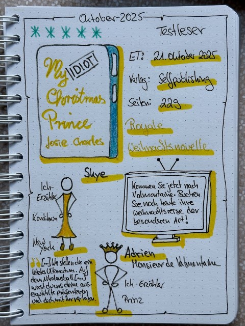 Zu sehen ist das Lesetagebuch mit Sketchnotes zur Rezension vom Weihnachtsroman: My Idiot Christmas Prince von Josie Charles