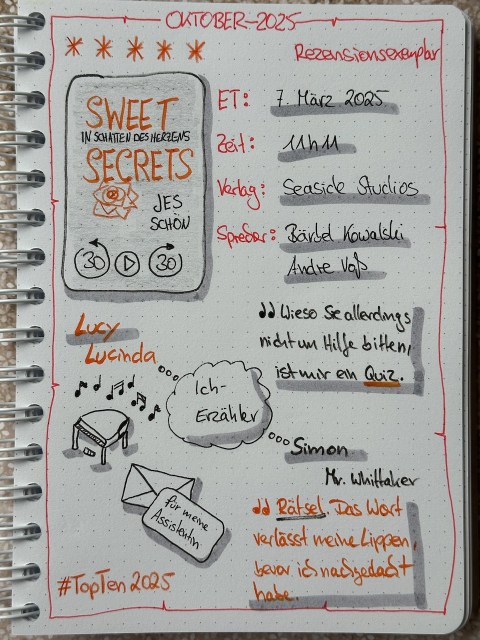 Zu sehen ist das Lesetagebuch mit Sketchnotes zur Rezension vom Hörbuch: Sweet Secrets Im Schatten des Herzens von Jes Schön eingelesen von Bärbel Kowalski, Andre Voß