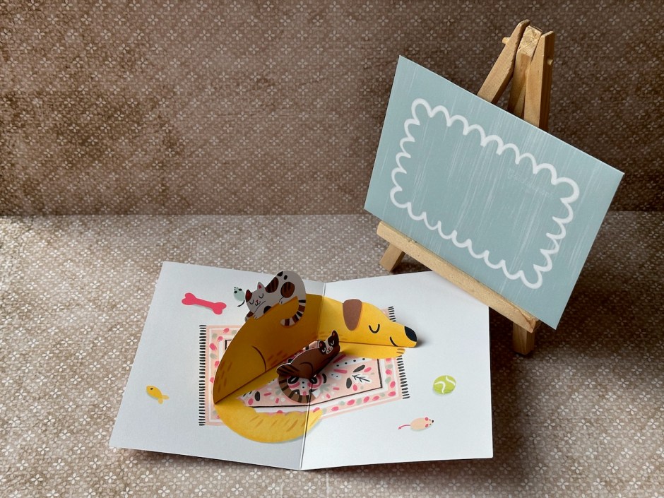 Pop Up Karte von Stampin Up zum Geburtstag mit dem Kreativste POP-UP-PARTY. Hier zu sehen eine Karte, in der ein kleiner Hund das Pop Up Element bildet.