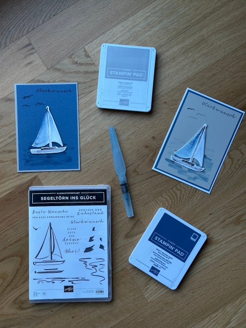 Segelboot Watercoloring No Line Technik – maritime Kartenidee mit Stampin’ Up Stempelset „Segeltörn ins Glück“